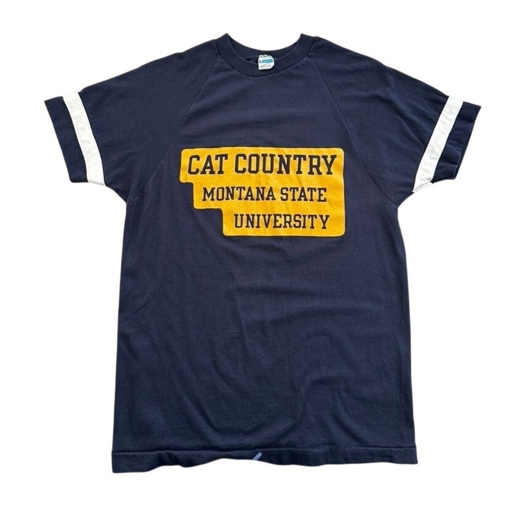 Vintage Champion Montana State University Cat Country Ringer T-Shirt Navy Large